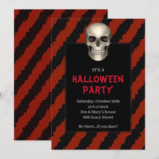 Gothic Schedel Rood Streep Halloween Feest Kaart (Voorkant / Achterkant)