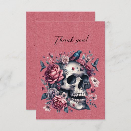 Gothic Schedel Vogels Bloemen Op Roos Rood Dank U Bedankkaart (Voorkant / Achterkant)