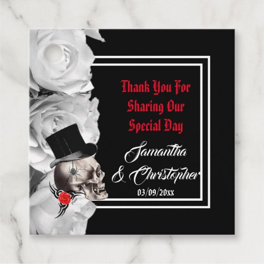 Gothic schedel zwart dank u bruiloft bedankjes labels (Voorkant)