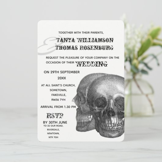 Gothic schedels bruiloft uitnodiging (Staand voorkant)