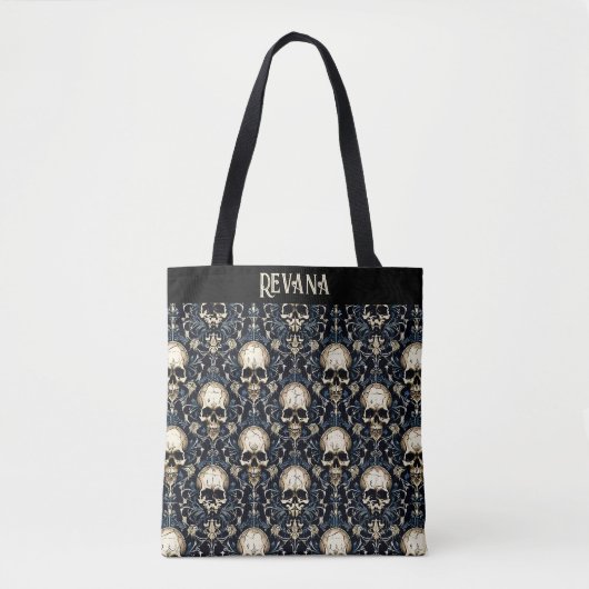Gothic schedels en blauwe bloemen tote bag (Voorkant)