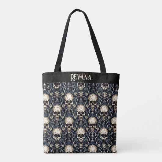 Gothic schedels en blauwe bloemen tote bag (Achterkant)