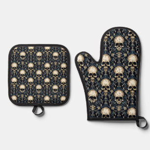 Gothic Schedels met Blauwe Bloemen Ovenwant & Pannenlap Set
