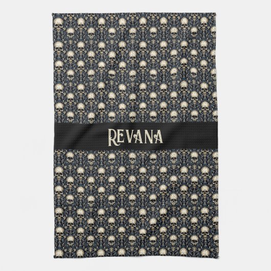 Gothic Schedels met Blauwe Bloemen Theedoek (Verticaal)