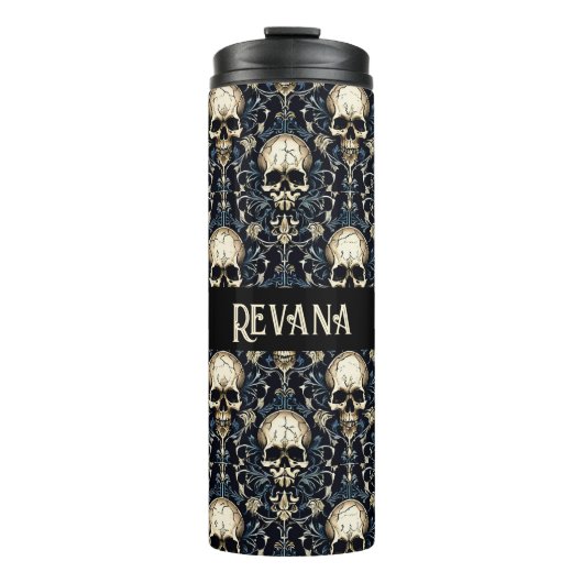 Gothic Schedels met Blauwe Bloemen Thermosbeker (Voorkant)