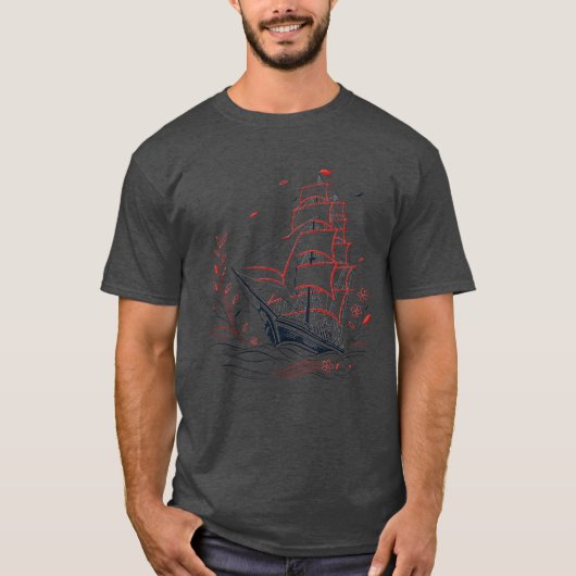 Gothic Schip met Dieprode Zeilen T-shirt (Voorkant)
