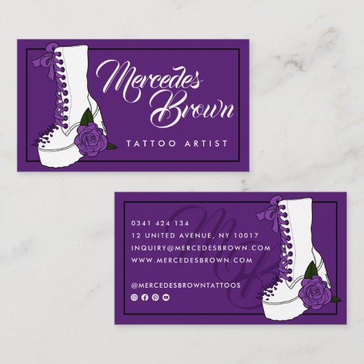 Gothic Script Boot Paarse Tattoo Artiest Visitekaartje (Voorkant / Achterkant)