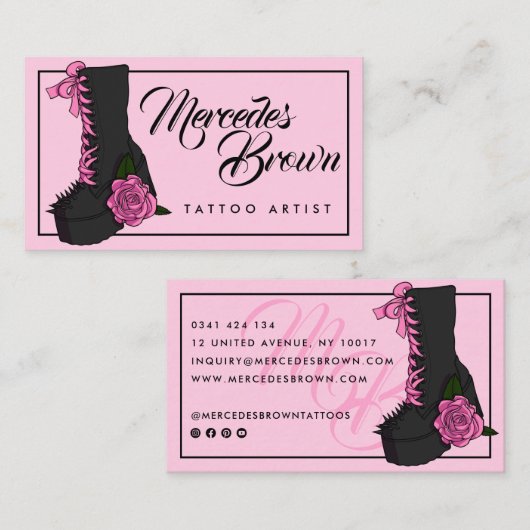 Gothic Script Boot Pink Tattoo Artist Visitekaartje (Voorkant / Achterkant)