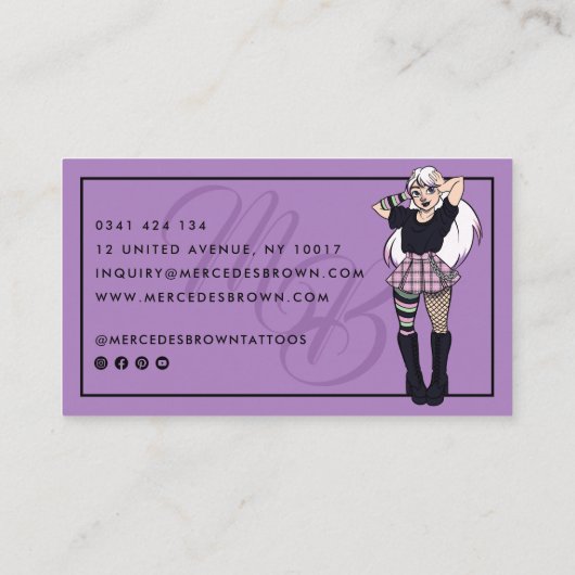 Gothic Script Cartoon Girl Paarse Tattoo Artiest Visitekaartje (Achterkant)