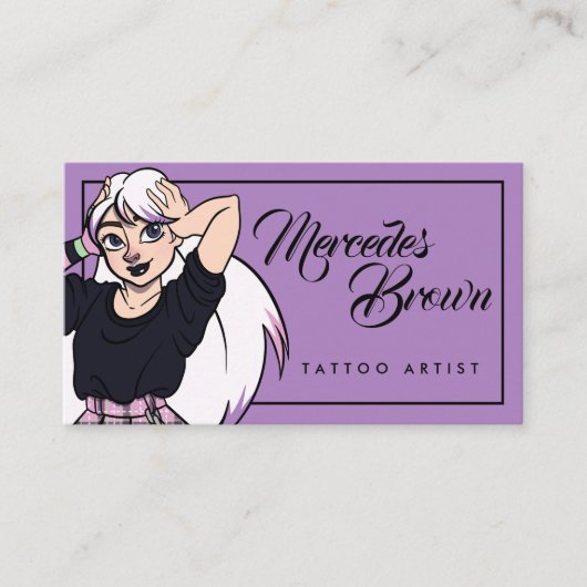 Gothic Script Cartoon Girl Paarse Tattoo Artiest Visitekaartje (Voorkant)
