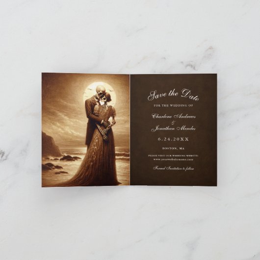 Gothic Sepia Skeleton Couple Wedding Save the Date Aankondiging (Binnen)