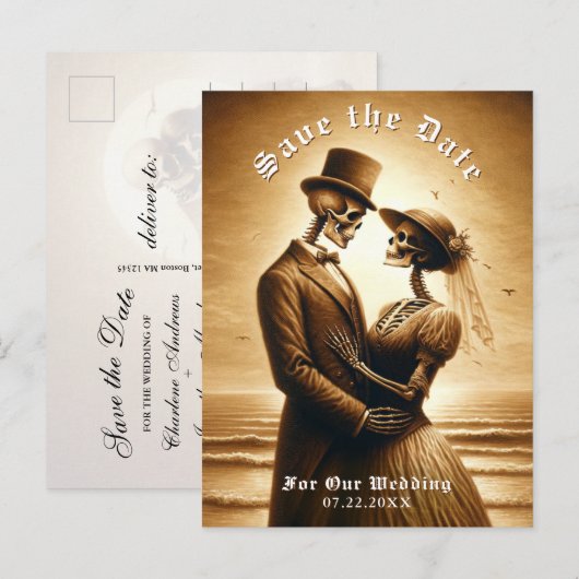 Gothic Sepia Skeleton Couple Wedding Save the Date Aankondigingskaart (Voorkant / Achterkant)