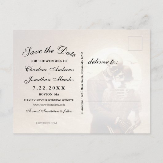 Gothic Sepia Skeleton Couple Wedding Save the Date Aankondigingskaart (Achterkant)