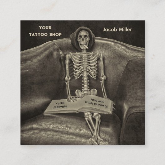 Gothic  Sepia Skeleton Tattoo Shop Vierkante Visitekaartje (Voorkant)