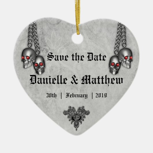 Gothic Silver Skulls Wedding Save the Date Keramisch Ornament (Voorkant)