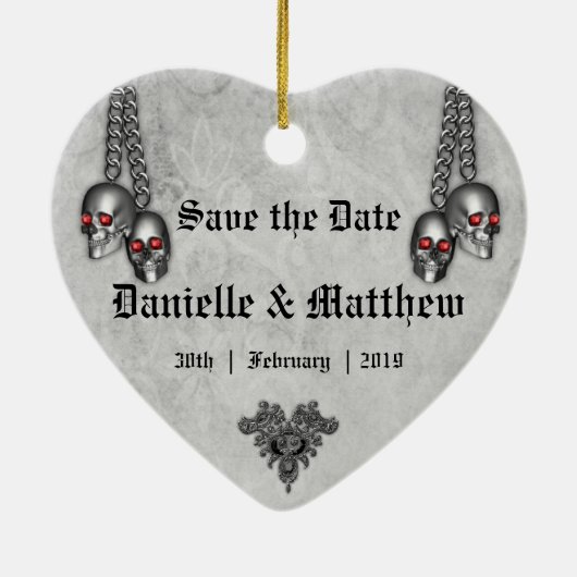 Gothic Silver Skulls Wedding Save the Date Keramisch Ornament (Achterkant)