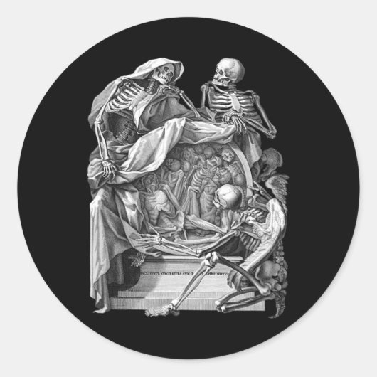 Gothic Skelet Gravure Memento Mori Hallo Ronde Sticker (Voorkant)