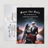 Gothic Skelet Koppel Navy Save the Date Aankondigingskaart (Voorkant / Achterkant)