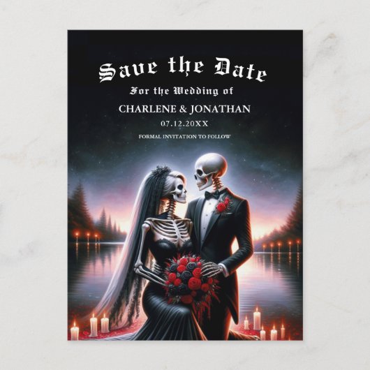 Gothic Skelet Koppel Navy Save the Date Aankondigingskaart (Voorkant)