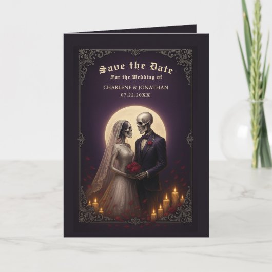 Gothic Skelet Koppel Paars Save the Date Aankondiging (Voorkant)