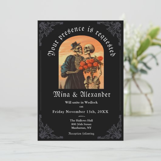 Gothic  Skelet Paar QRC Bruiloft Uitnodigen (Staand voorkant)