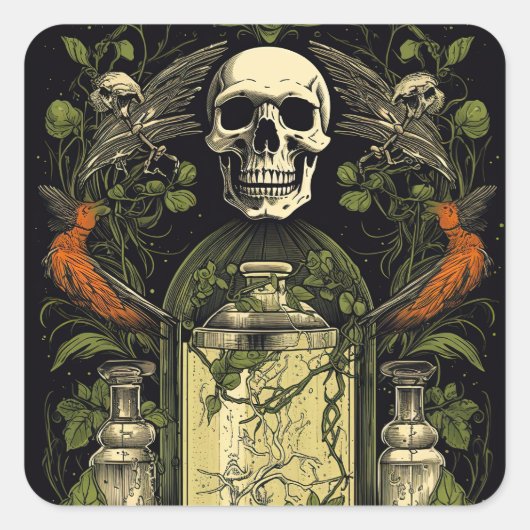  Gothic Skelet Schedel Raven Poison Halloween Vierkante Sticker (Voorkant)