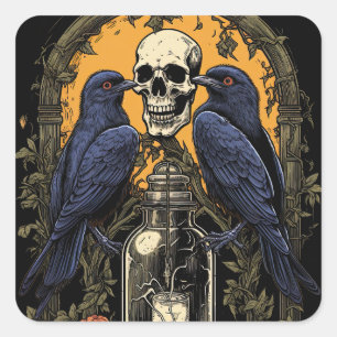Gothic Skelet Schedel Raven Poison Halloween Vierkante Sticker