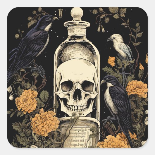  Gothic Skelet Schedel Raven Poison Halloween Vierkante Sticker (Voorkant)