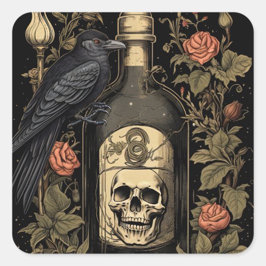  Gothic Skelet Schedel Raven Poison Halloween Vierkante Sticker (Voorkant)