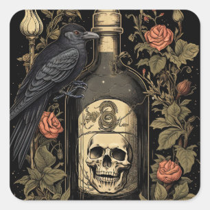 Gothic Skelet Schedel Raven Poison Halloween Vierkante Sticker