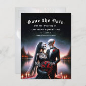 Gothic Skeleton Couple Navy Save the Date Aankondigingskaart (Voorkant / Achterkant)