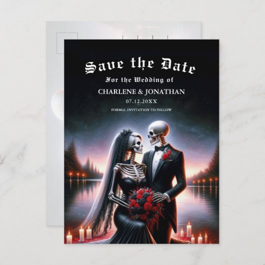 Gothic Skeleton Couple Navy Save the Date Aankondigingskaart (Voorkant / Achterkant)