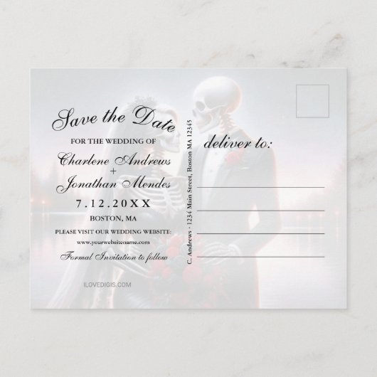 Gothic Skeleton Couple Navy Save the Date Aankondigingskaart (Achterkant)