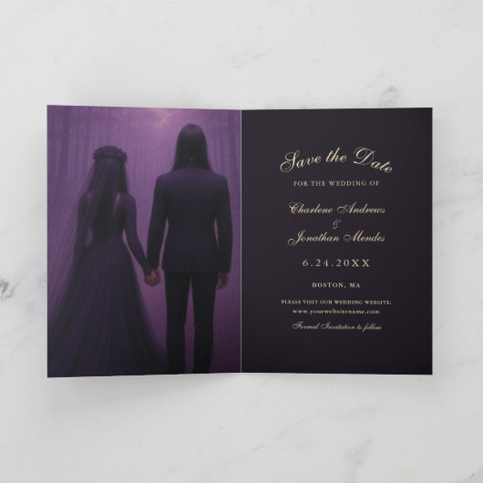 Gothic Skeleton Couple Purple Save the Date Aankondiging (Binnen)