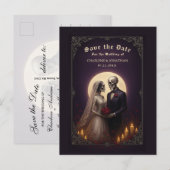 Gothic Skeleton Couple Purple Save the Date Aankondigingskaart (Voorkant / Achterkant)