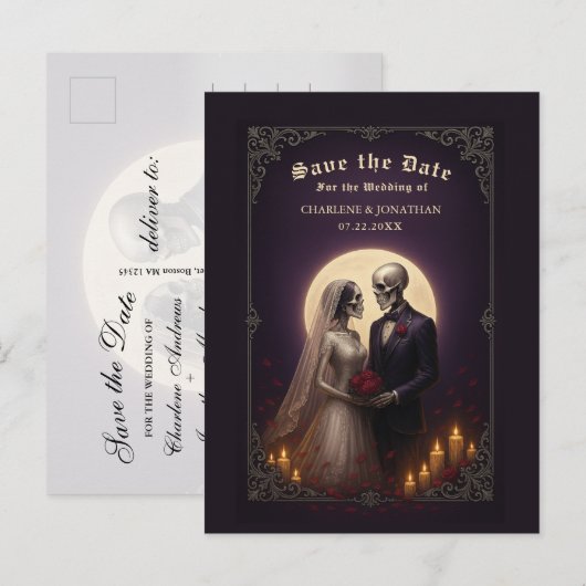 Gothic Skeleton Couple Purple Save the Date Aankondigingskaart (Voorkant / Achterkant)