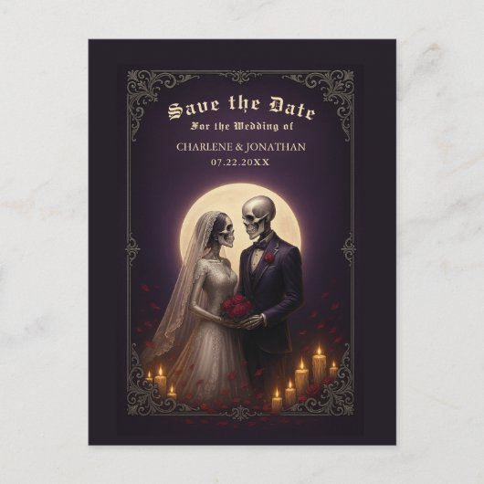 Gothic Skeleton Couple Purple Save the Date Aankondigingskaart (Voorkant)