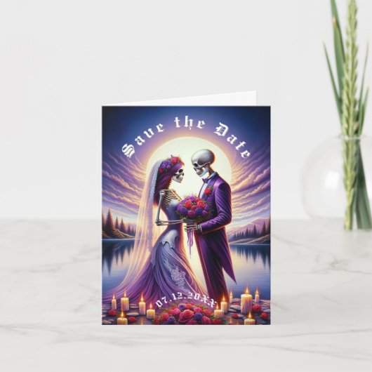 Gothic Skeleton Couple Red Roses Save the Date Aankondiging (Voorkant)