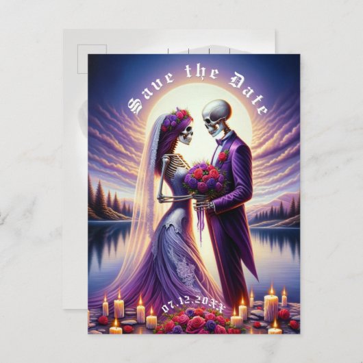 Gothic Skeleton Couple Red Roses Save the Date Aankondigingskaart (Voorkant / Achterkant)