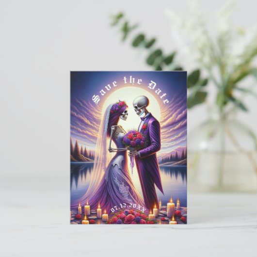 Gothic Skeleton Couple Red Roses Save the Date Aankondigingskaart (Staand voorkant)