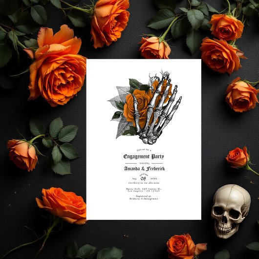 Gothic Skeleton Hand en Roos Engagement Party Kaart