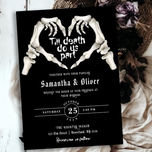 Gothic Skeleton Heart Till Death Black Wedding Kaart