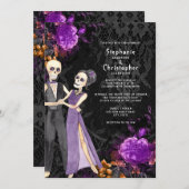 Gothic Skeleton Paarse Floral Halloween Wedding Kaart (Voorkant / Achterkant)
