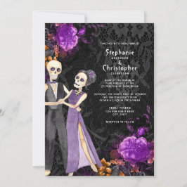 Gothic Skeleton Paarse Floral Halloween Wedding Kaart