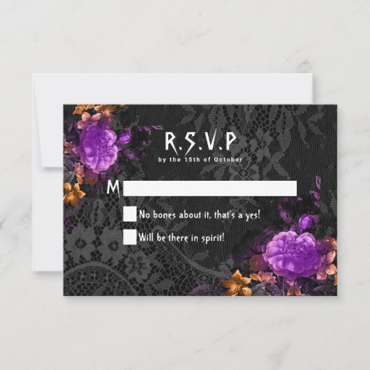 Gothic Skeleton Paarse Floral Halloween Wedding RSVP Kaartje (Voorkant)