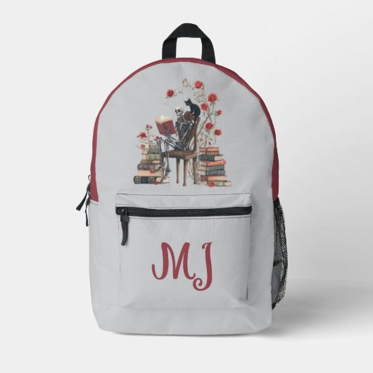 Gothic Skeleton Scholar Leesboek & Zwarte Kat Bedrukte Rugzak (Voorkant)