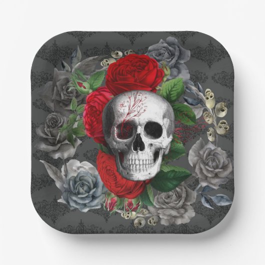 Gothic Skeleton Skull Red Roses Grey Floral Paper Papieren Bordje (Voorkant)