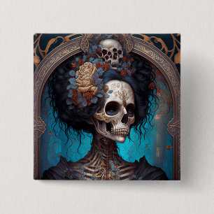 Gothic Skeleton Skull Woman Gothic Vierkante Button 5,1 Cm