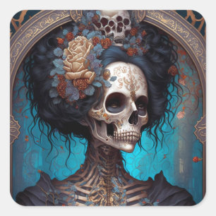 Gothic Skeleton Skull Woman Gothic Vierkante Sticker