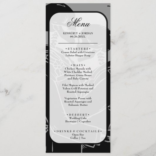 Gothic Skeletons Black and White Wedding Menu (Voorkant)
